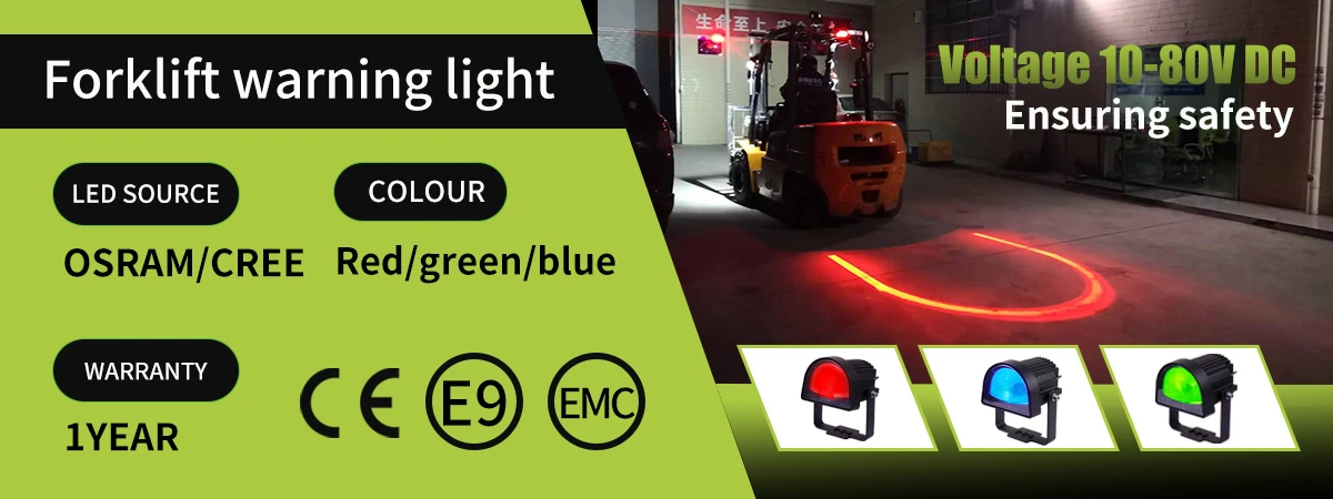 Ứng dụng thực tế đèn hình cung xe nâng XRL1081M Đèn LED hình cung xe nâng XRL1081M tạo vạch sáng chữ U cảnh báo đuôi xe