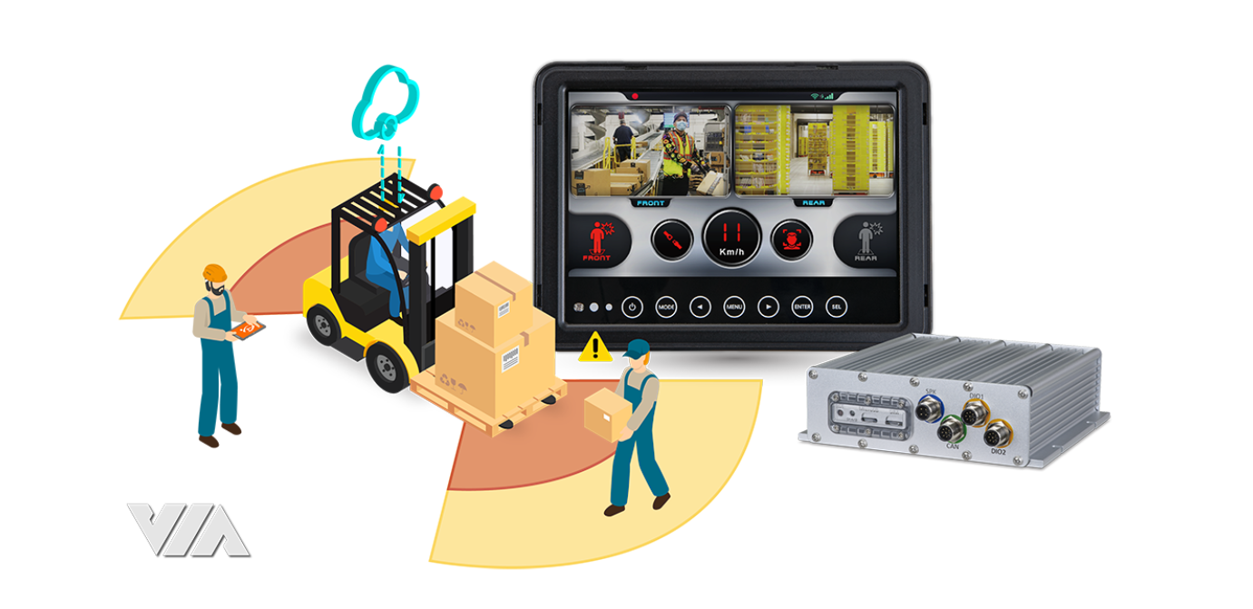 Hệ thống an toàn xe nâng VIA Mobile360 M358 phát hiện người đi bộ trong kho bãi theo thời gian thực