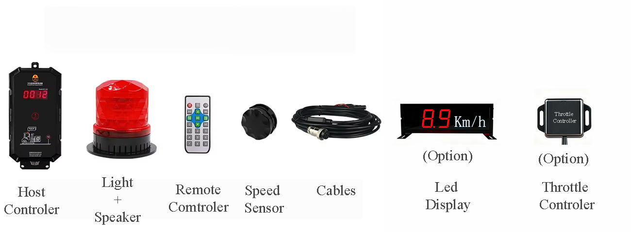 Trọn bộ thiết bị cảnh báo quá tốc độ xe nâng AT-OS01 gồm bộ điều khiển, còi giọng nói và đèn chớp